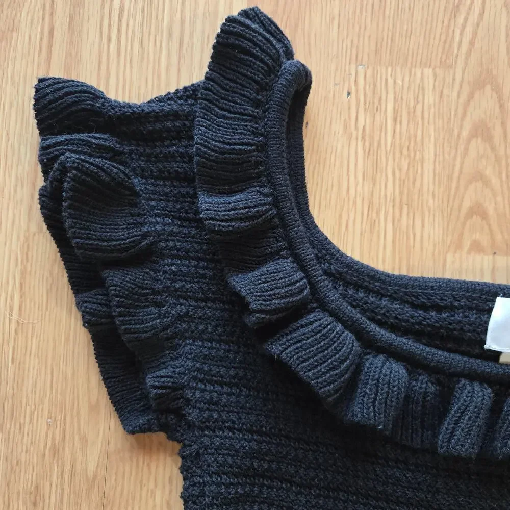 H&M Women Black Knit Crochet Cropped Top M Ruffles Boho Cottage Festival Peasant